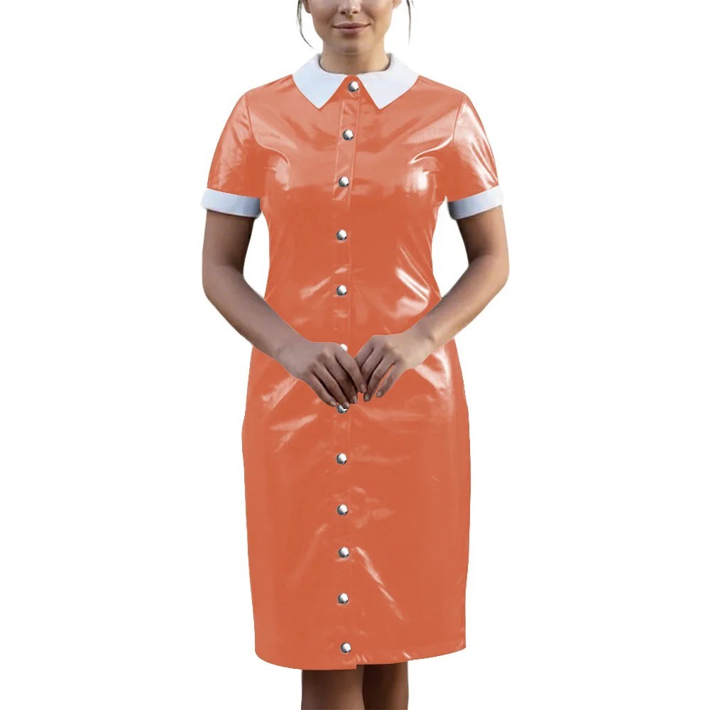 Vintage Wetlook PVC Leather Party Uniform Club Vestidos Bodycon Midi Dress