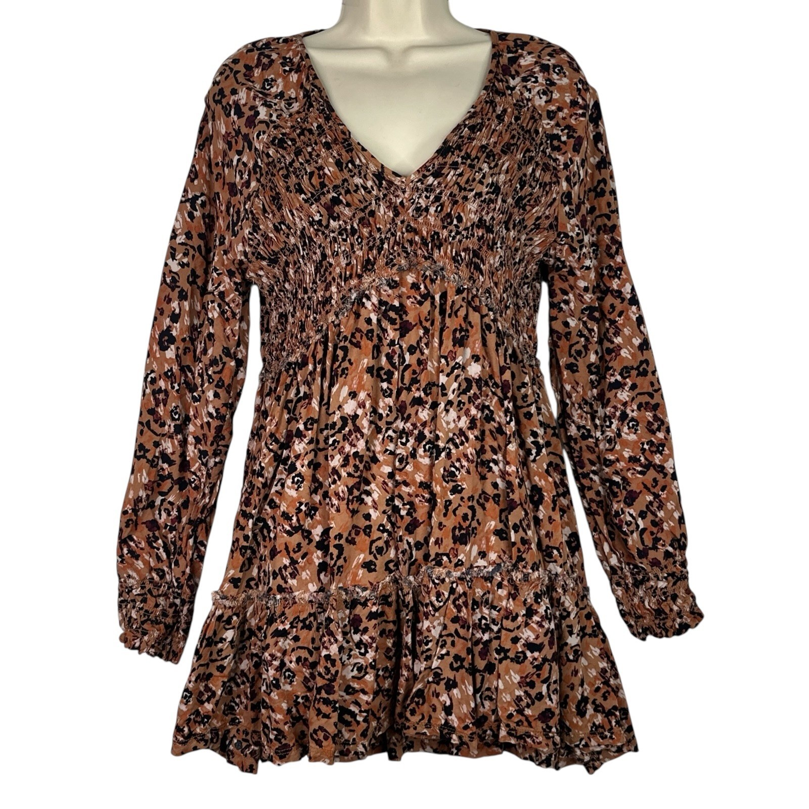 BeachLunchLounge Smocked Mini Dress M Brown Boho Tiered Viscose Long Sleeve