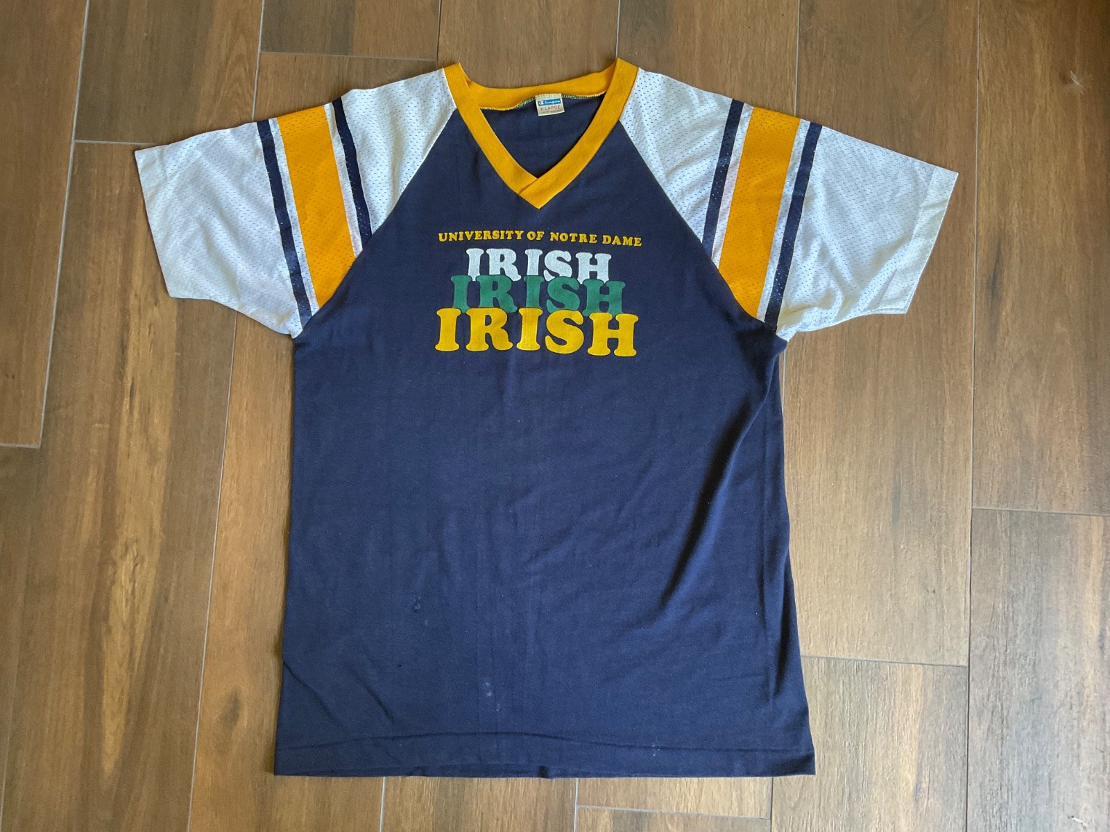 Vintage 70s Notre Dame T Shirt Fighting Irish Jersey Champion Blue Bar Size XL