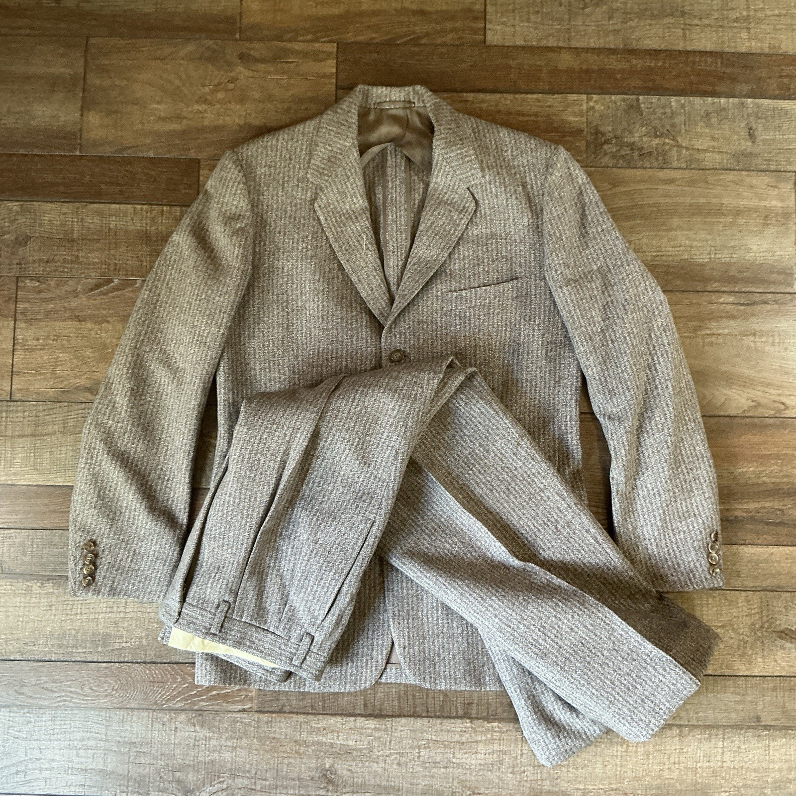 VTG Hickey Freeman Travelwear 2Pc Wool Suit Jacket 40R Pants 34W Gray Tweed 61E6