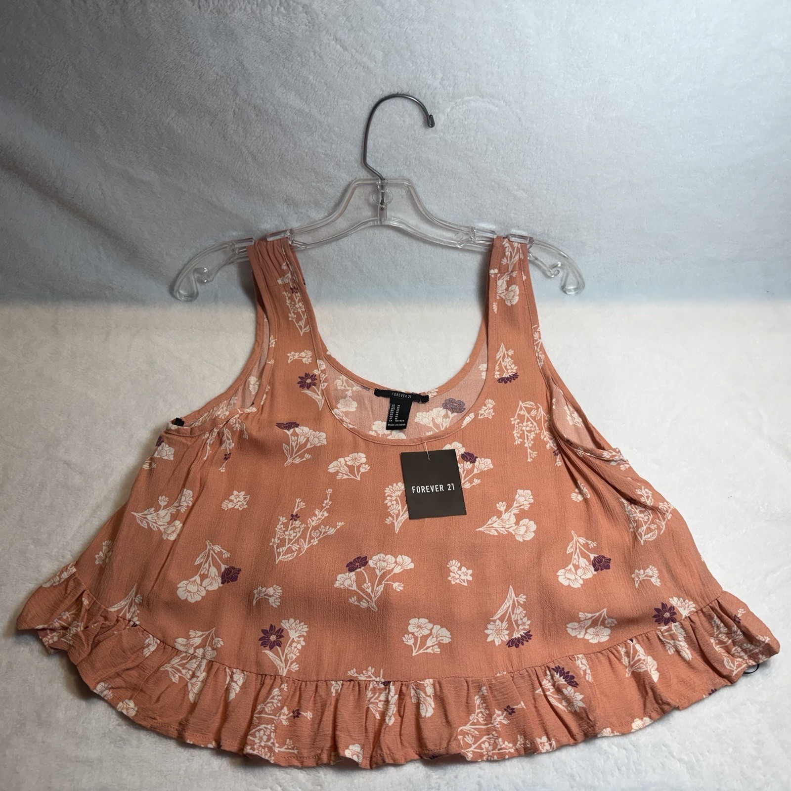 NWT Forever 21 Floral Crop Tank Top | Coral/Canyon Clay | Ruffle Hem Size Medium