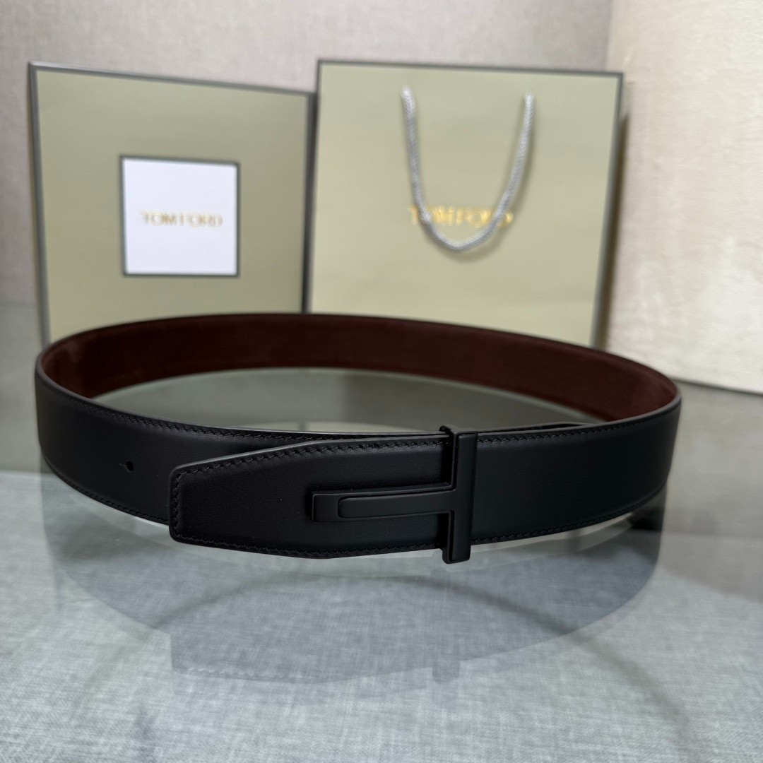Authentic Tom Ford Men’s Reversible Calfskin Leather Belt Black T-Buckle
