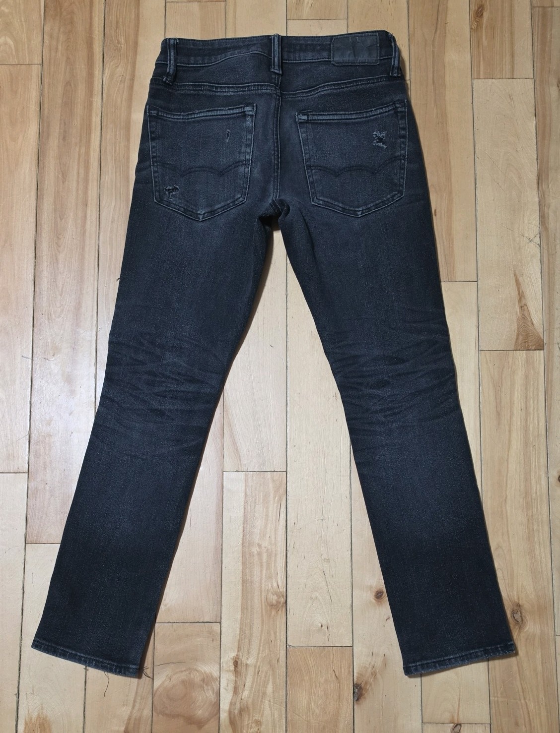 American Eagle Airflex 360 Skinny Jeans Black Distressed Ripped Patch Mens 26×27