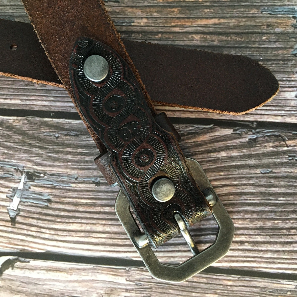 RRL Double RL Vintage Western Brown Tooled Leather Belt with Blue Gem Size 34
