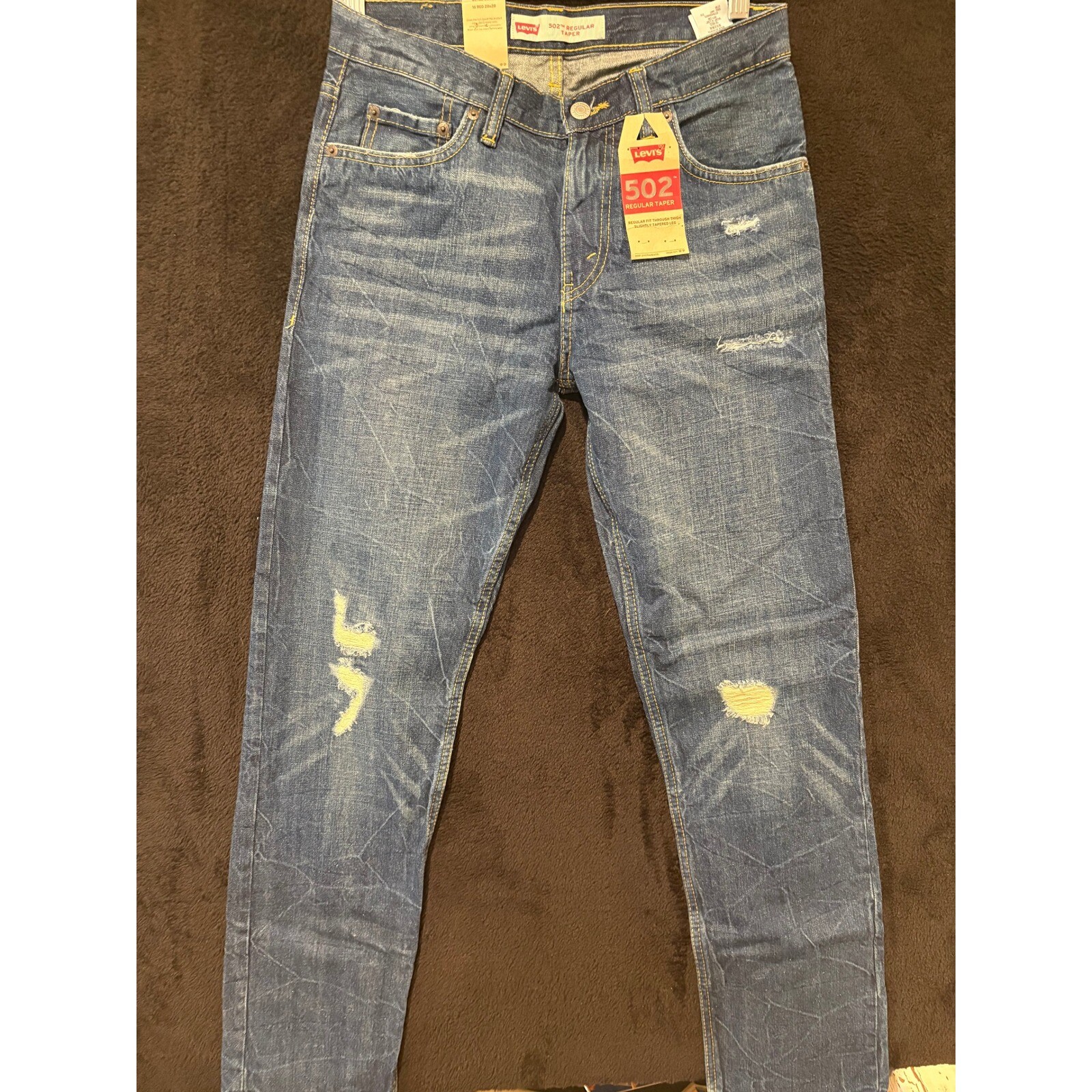 Levi’s 502 Jeans Mens 32×32 Regular Taper Blue Distressed Denim Jeans NWT 32