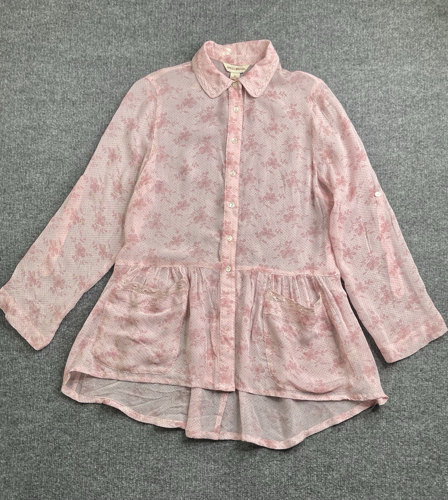 April Cornell Aimee Blouse XS Romantic Georgette Floral Pink Roll Up Lightweight