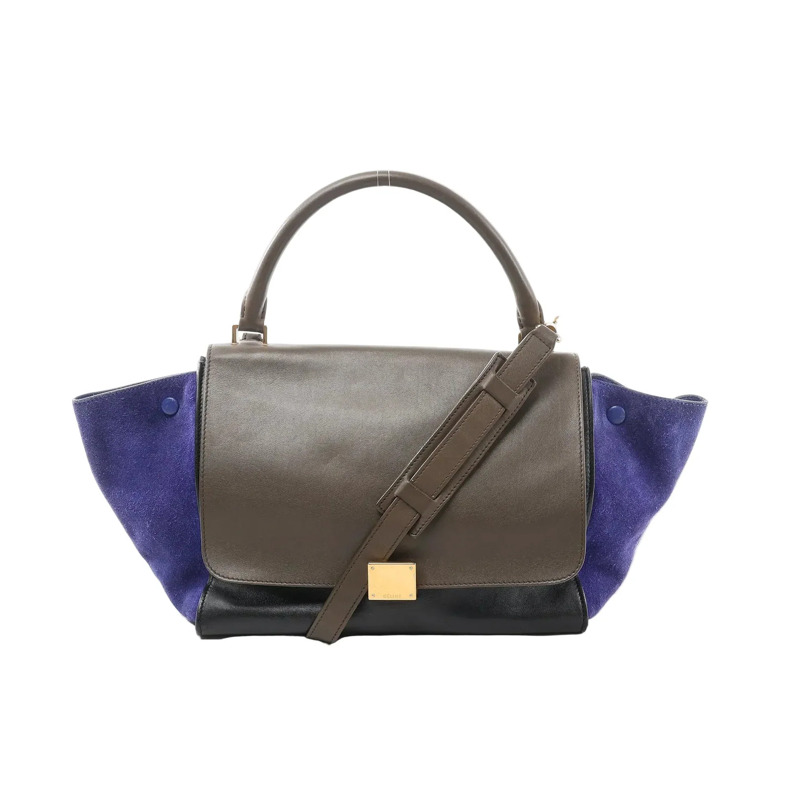 CELINE Trapeze Leather x Suede 2Way Handbag in Brown x Navy Blue x Black