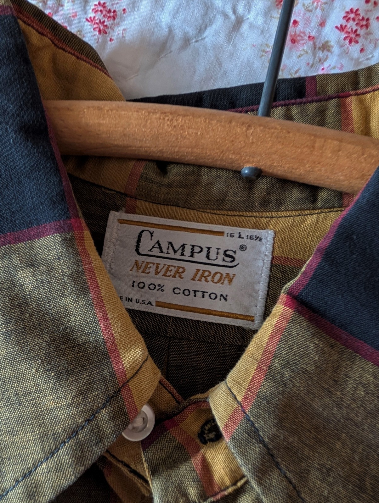 CAMPUS Never Iron Mens Plaid Shirt Sz 16-6-1/2 Large 100% cotton USA Made NWOT