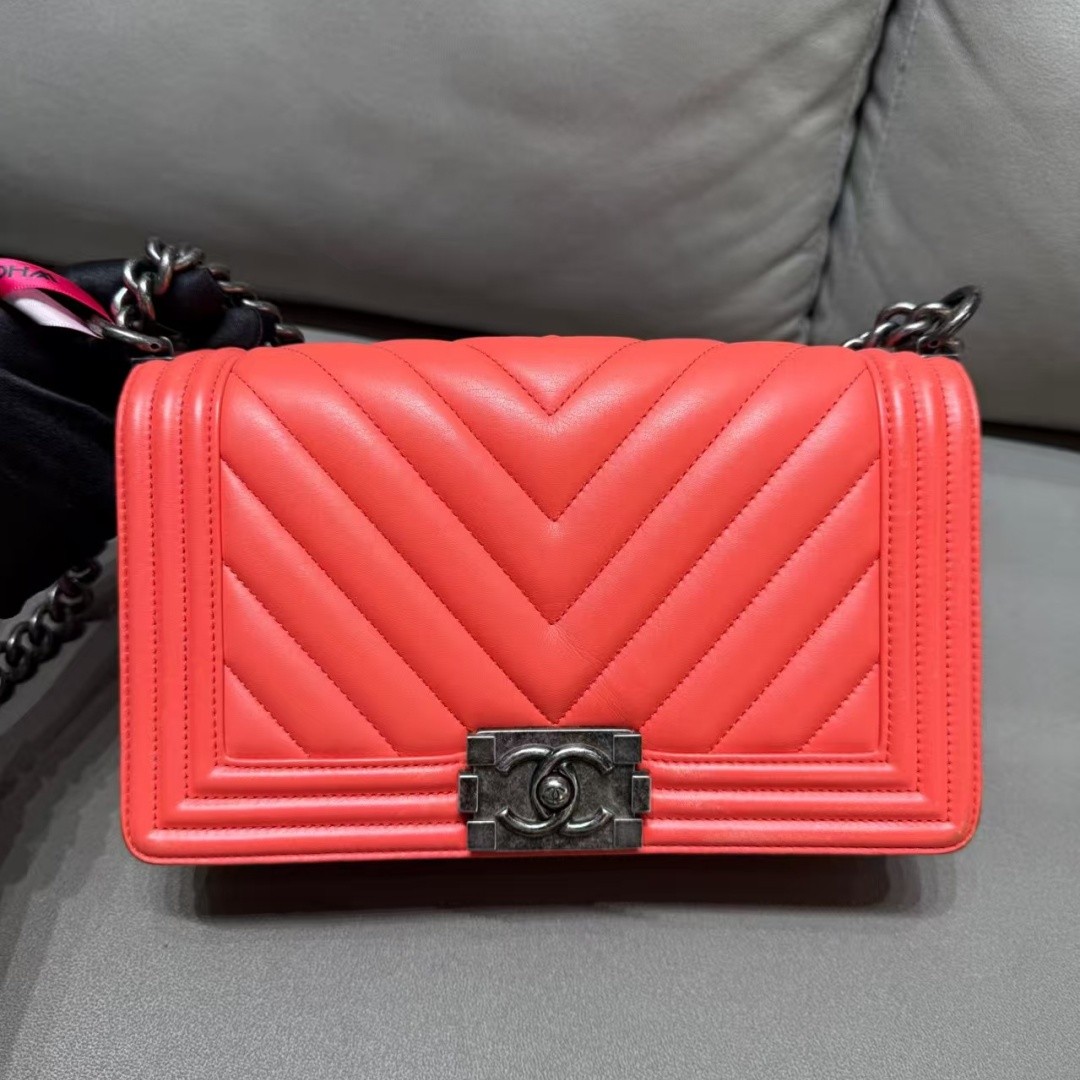 Authentic Chanel Le Boy Medium Coral Red V-Stitch Ruthenium Hardware