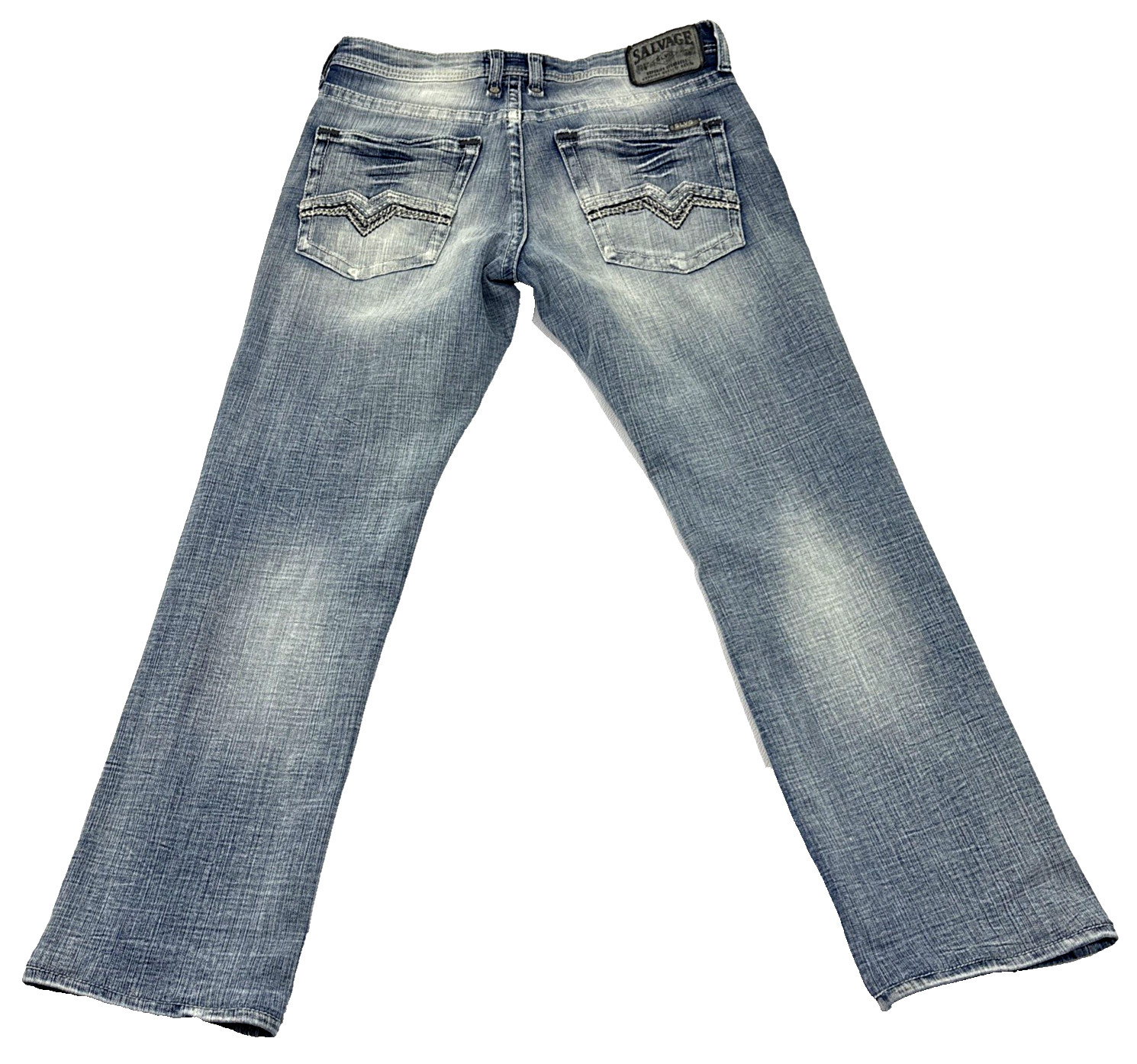 Salvage Buckle Mayhem Jeans Mens 33R Straight Fit Light Wash Whiskered Denim EUC