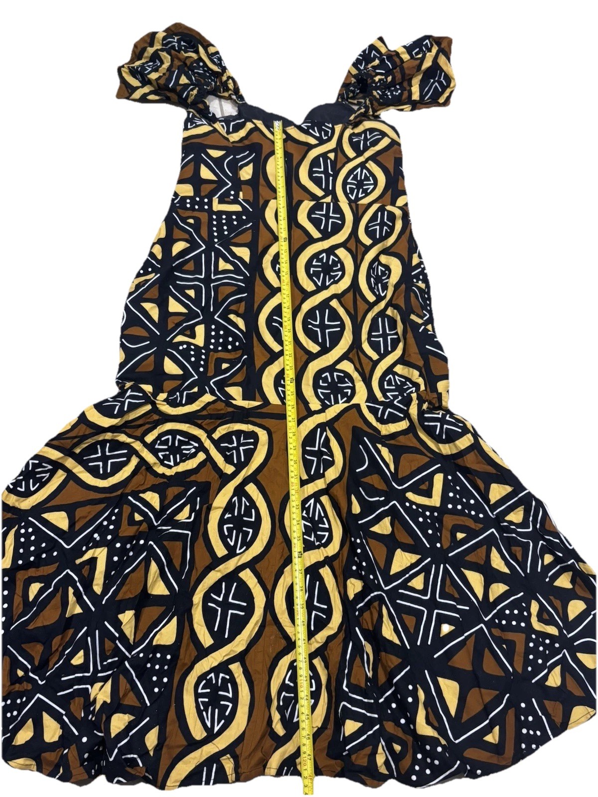 Ankara African Print Mermaid Maxi Dress Large Cap Sleeve Black Brown Yellow