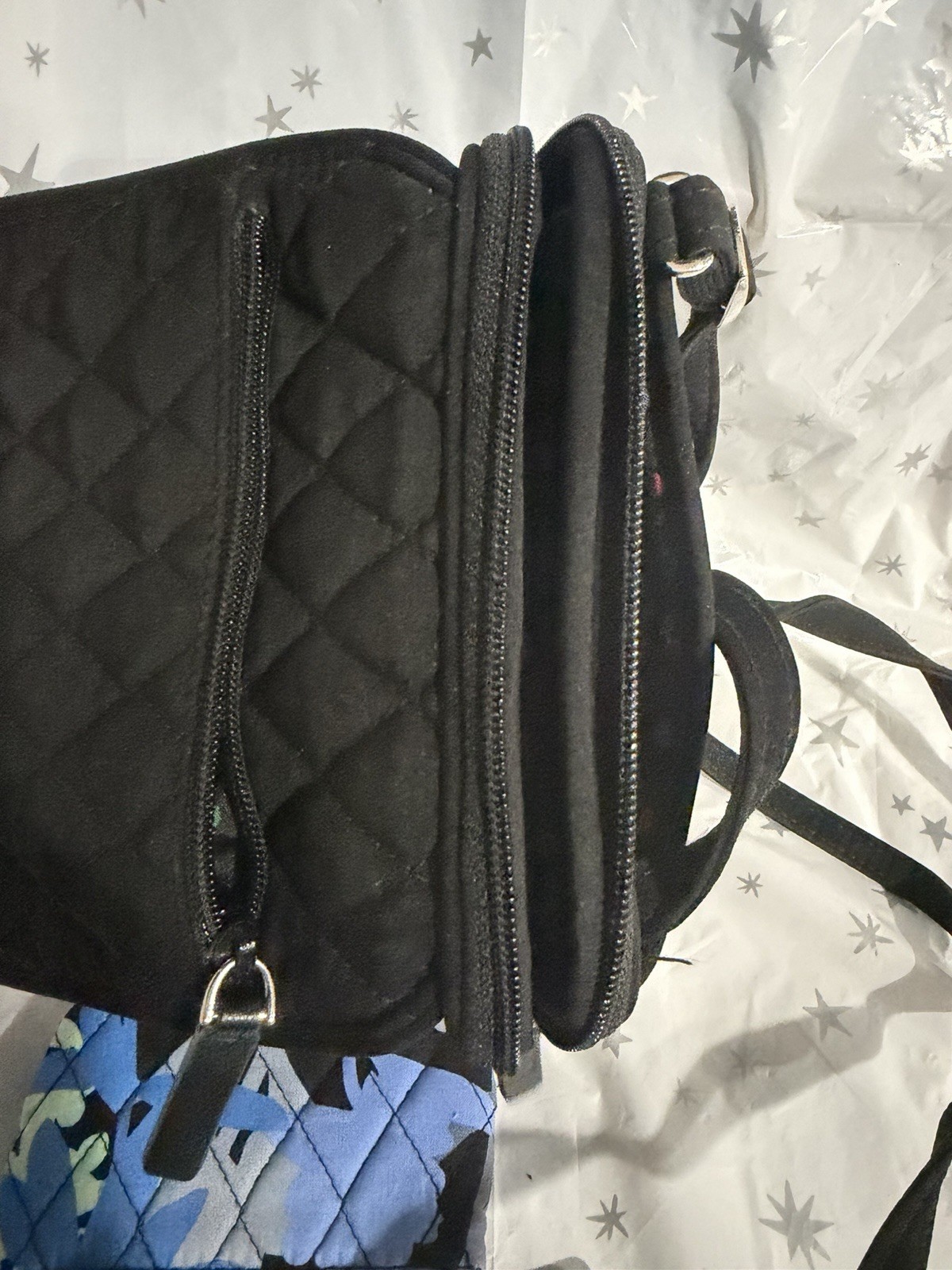 Vera Bradley Black/Blue Floral Quilted Crossbody Bag Zip Pockets Silver