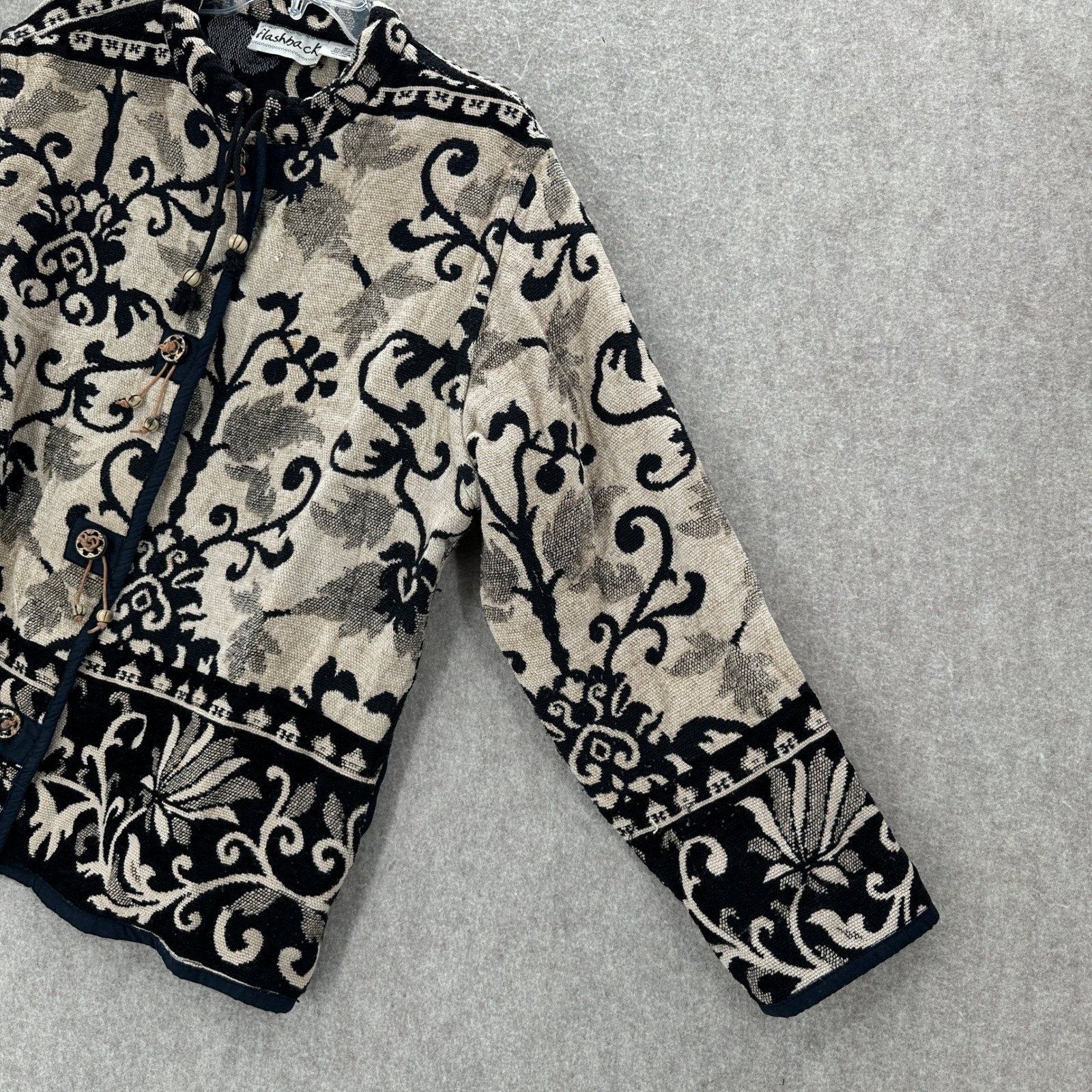 Flashback Tapestry Jacket Womens 3X Black Beige Damask Floral Toggle Button Boho