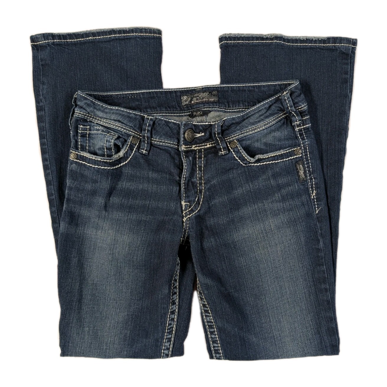 Silver Jeans Co Suki Womens 29×32 Dark Wash Stretch Bootcut Embroidered Pockets