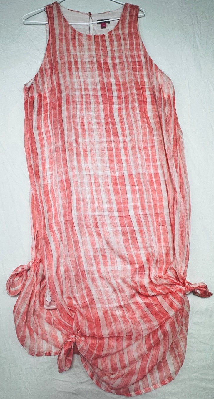 Vince Camuto Pink White Plaid Scoop Neck Lined Tie Zip Maxi Dress Women L