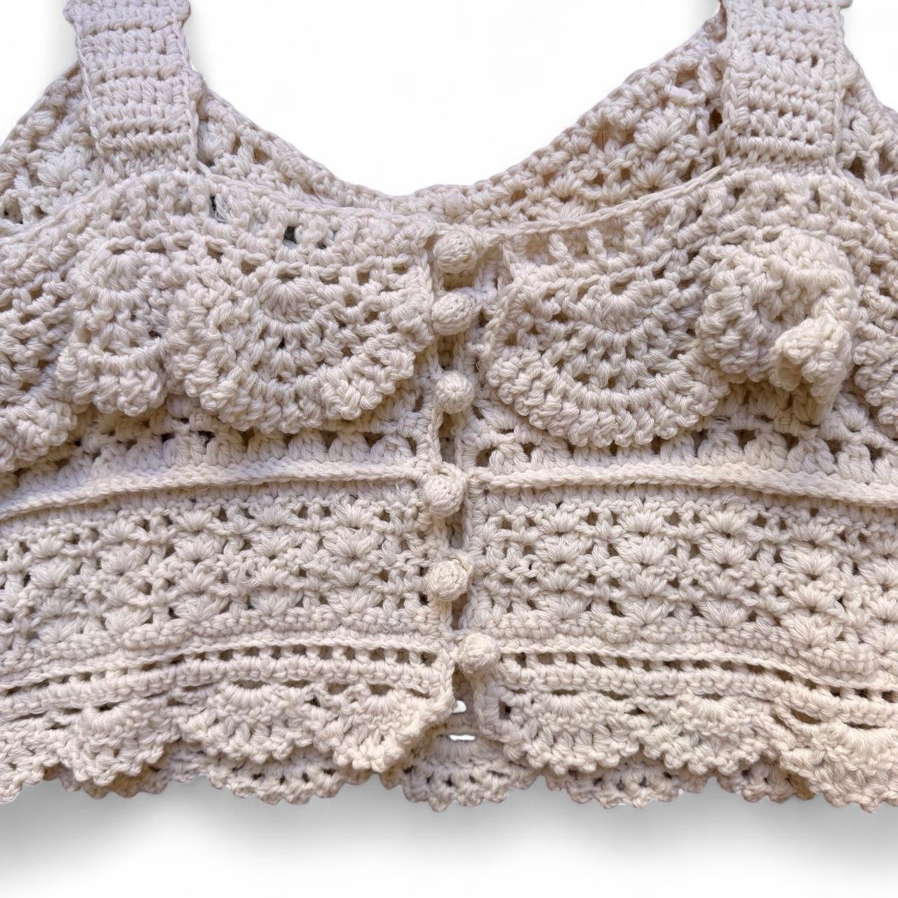 Sea NY Cream Boho Crochet Knit Ruffle Sleeveless Tank Top Size Small