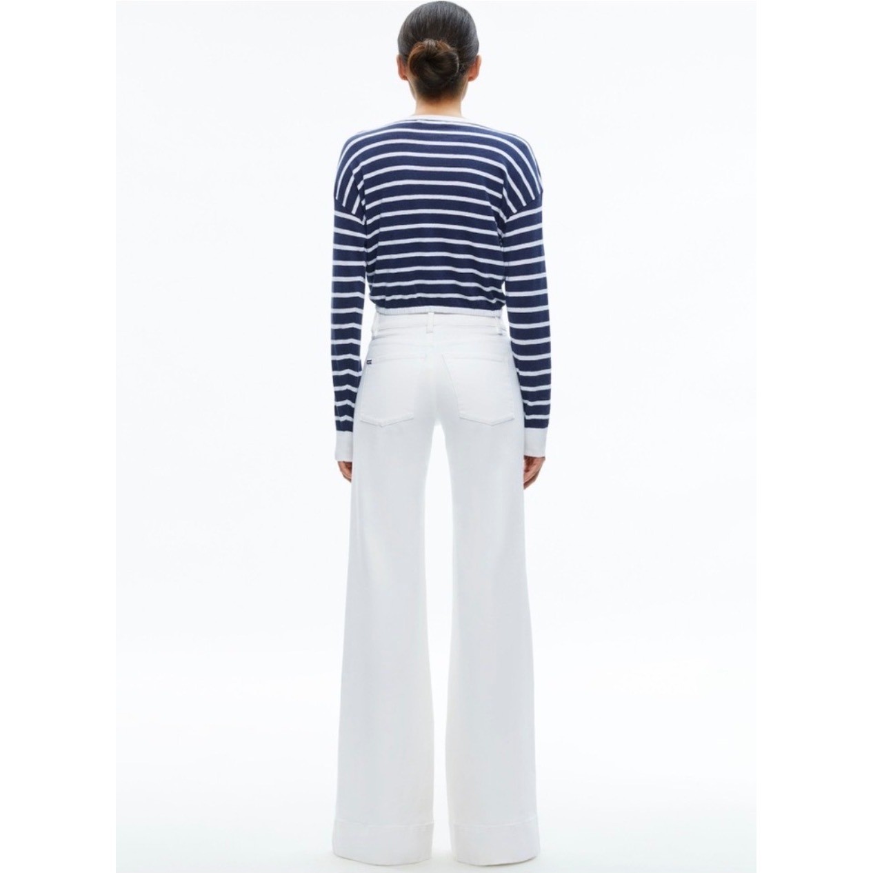 Alice + Olivia Navy Bernetta White Blue Stripe Linen Cotton Crop Sweater Small