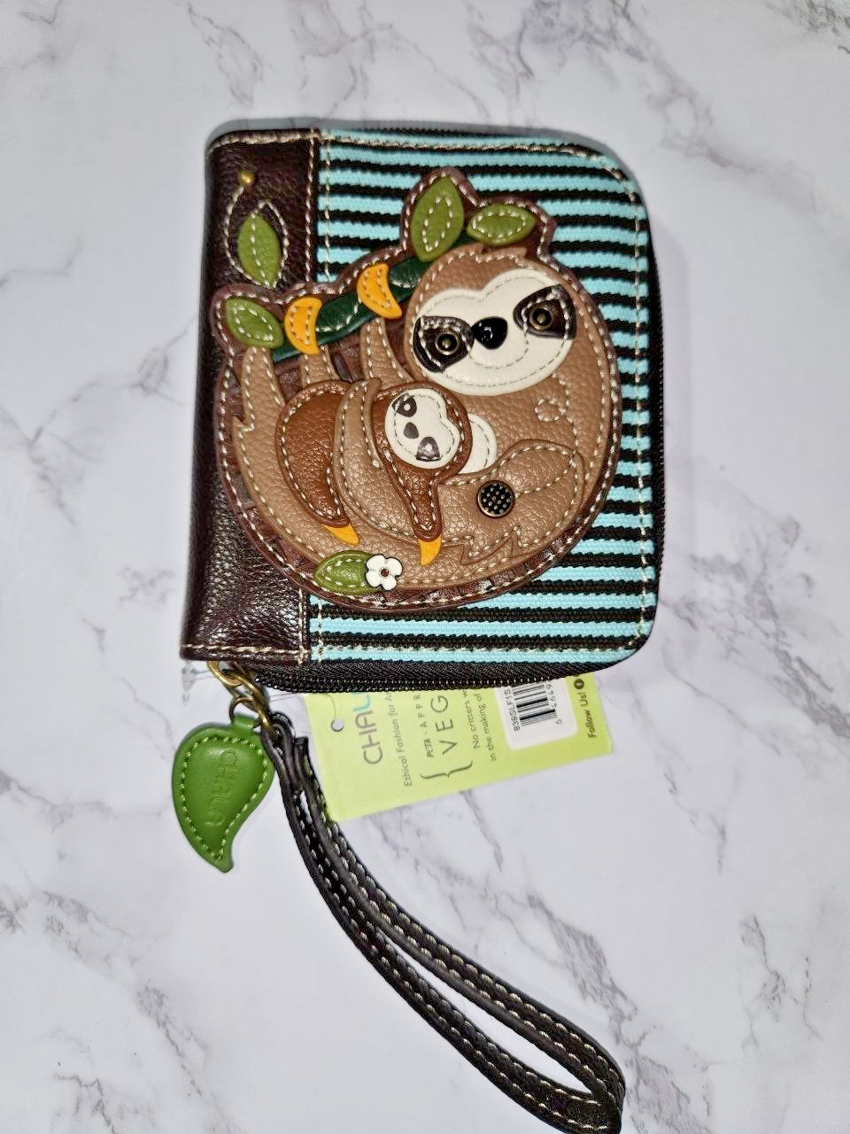 NWT Chala Sloth With Baby Zip Around Wallet Organizer Blue Stripe Vegan Leather