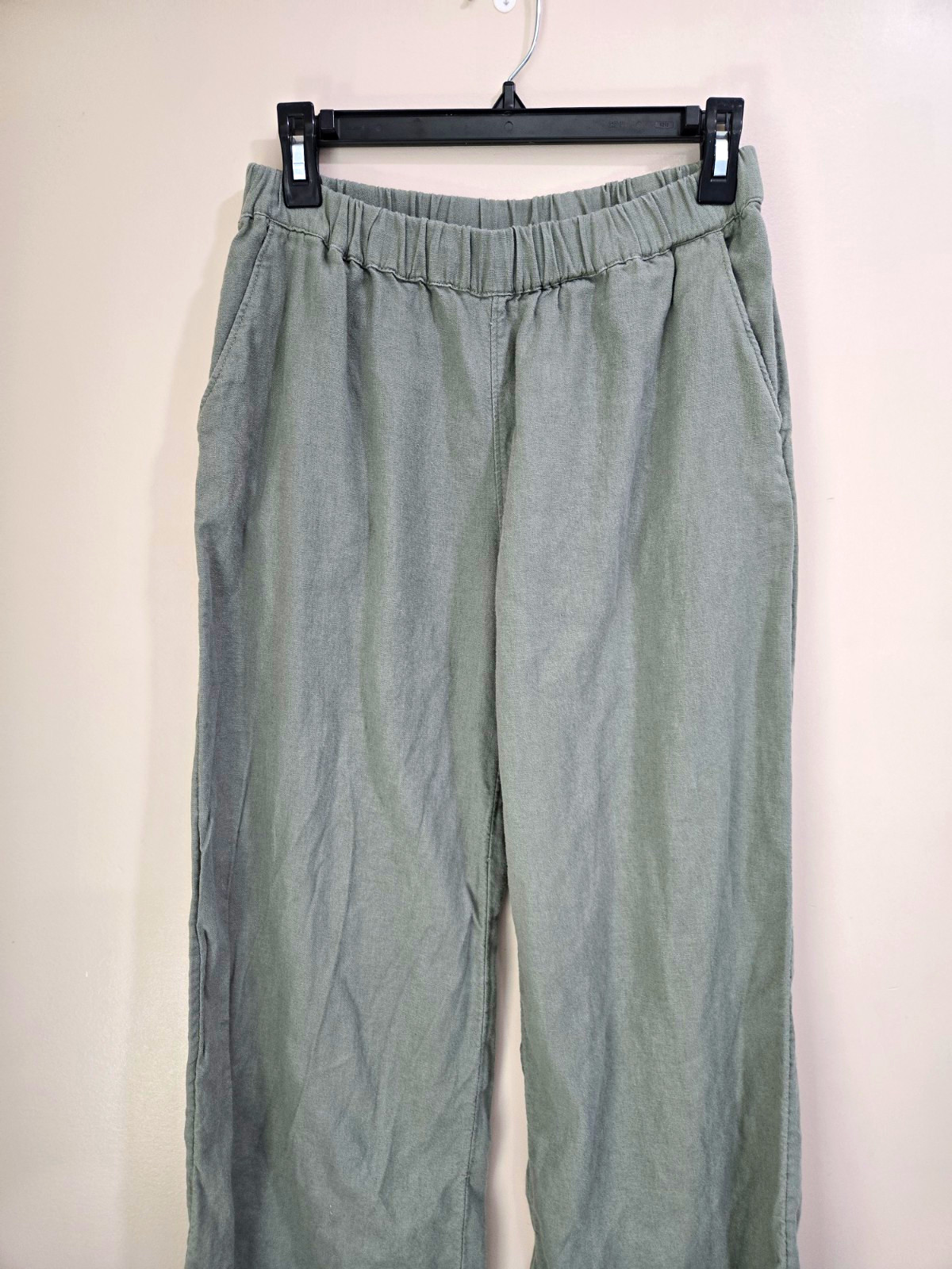 Caslon Women’s Green Solid Wide-Leg Pull-On Pants, Elastic Waist, Pockets