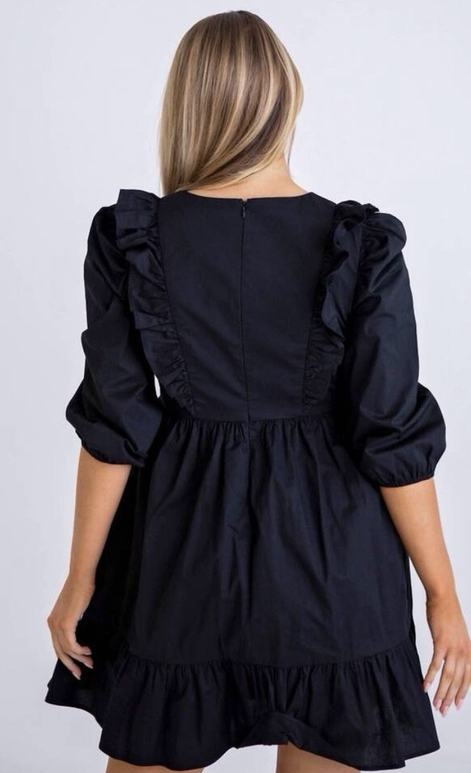 Karlie Poplin Ruffle Tier Black V-Neck Mini Minimalist Whimsigoth Dress Size S