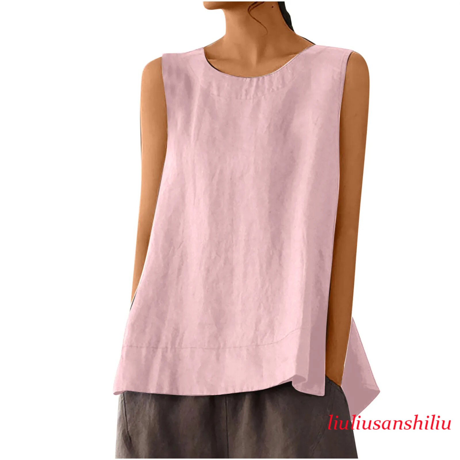 Solid Color Casual Cotton Linen Sleeveless Round Neck Soft and Breathable Top