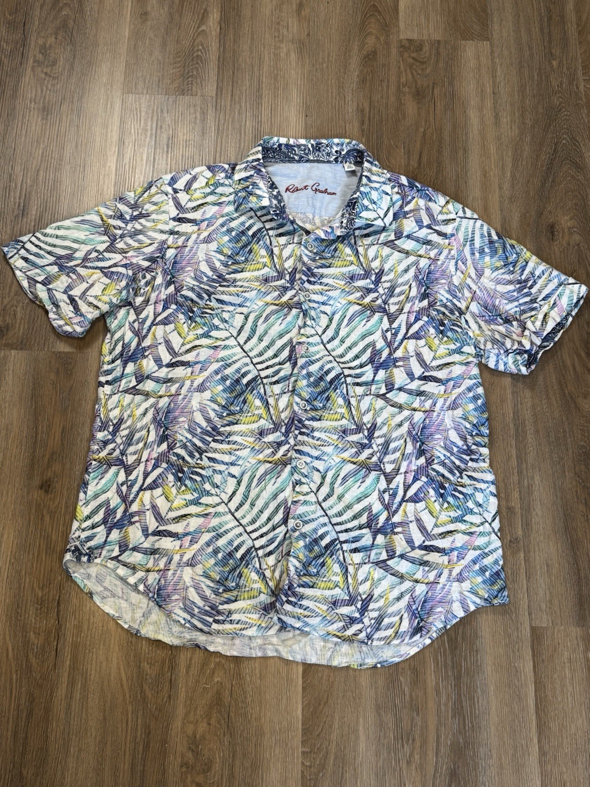 Robert Graham Cambridge Palm Leaf Print Linen Cotton Classic Fit Shirt Size XL