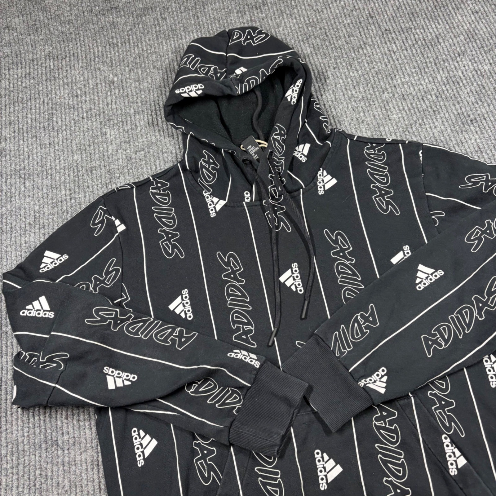 Adidas Hoodie Mens M Black White All Over Print Logo Pinstripe Sweatshirt