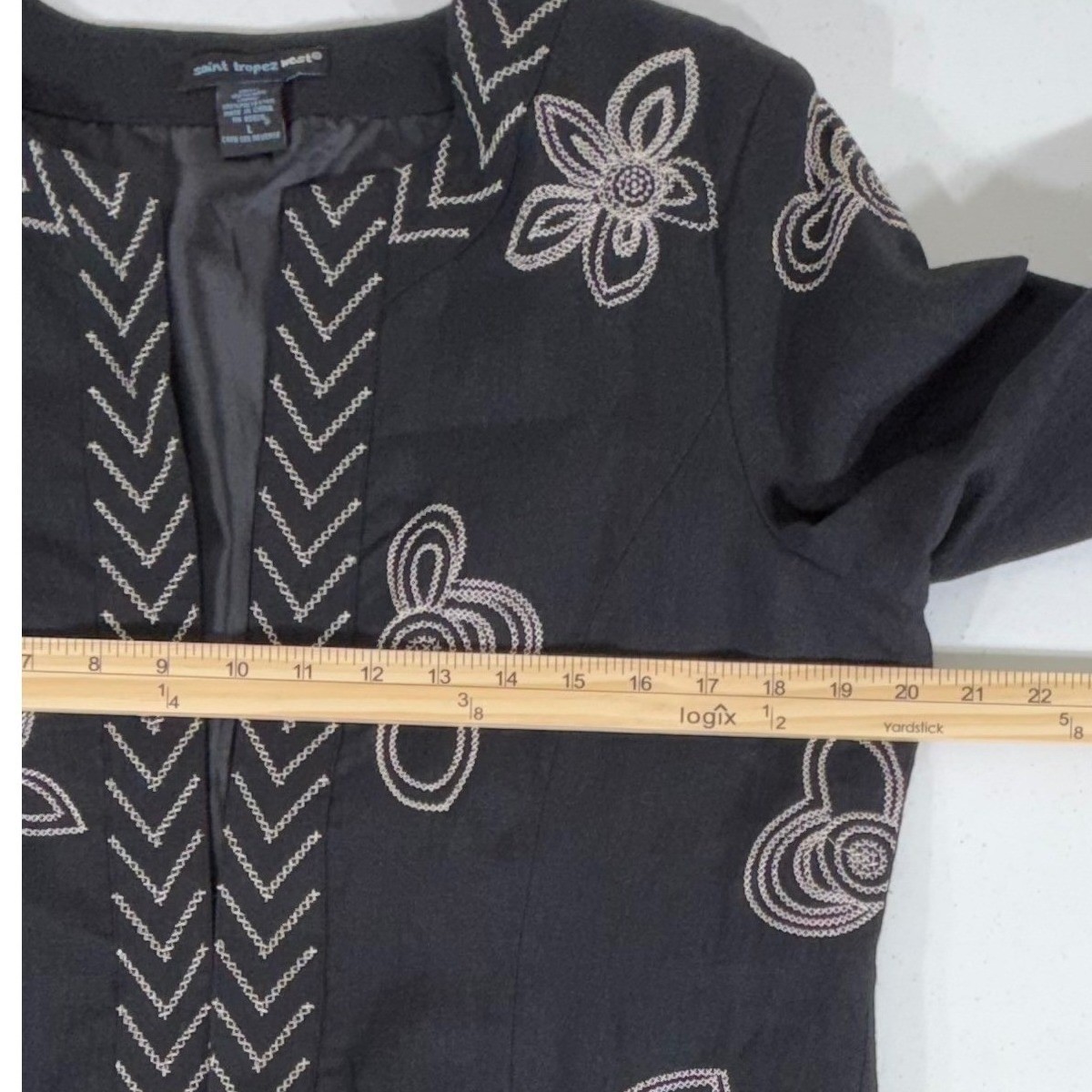Saint Tropez West Linen Blazer Jacket Large Black Floral Embroidered Hook & Eye