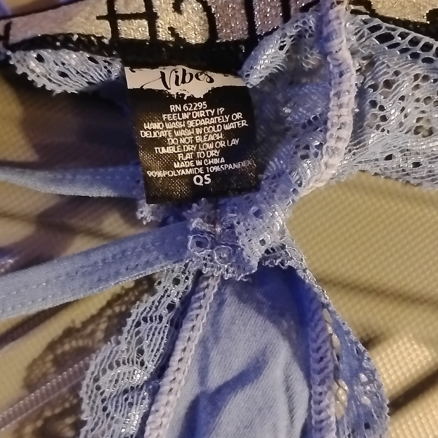 Vibes Blue Lace Thong Panties Strap Accent Karma’s A Bitch Waistband QS RN 62295
