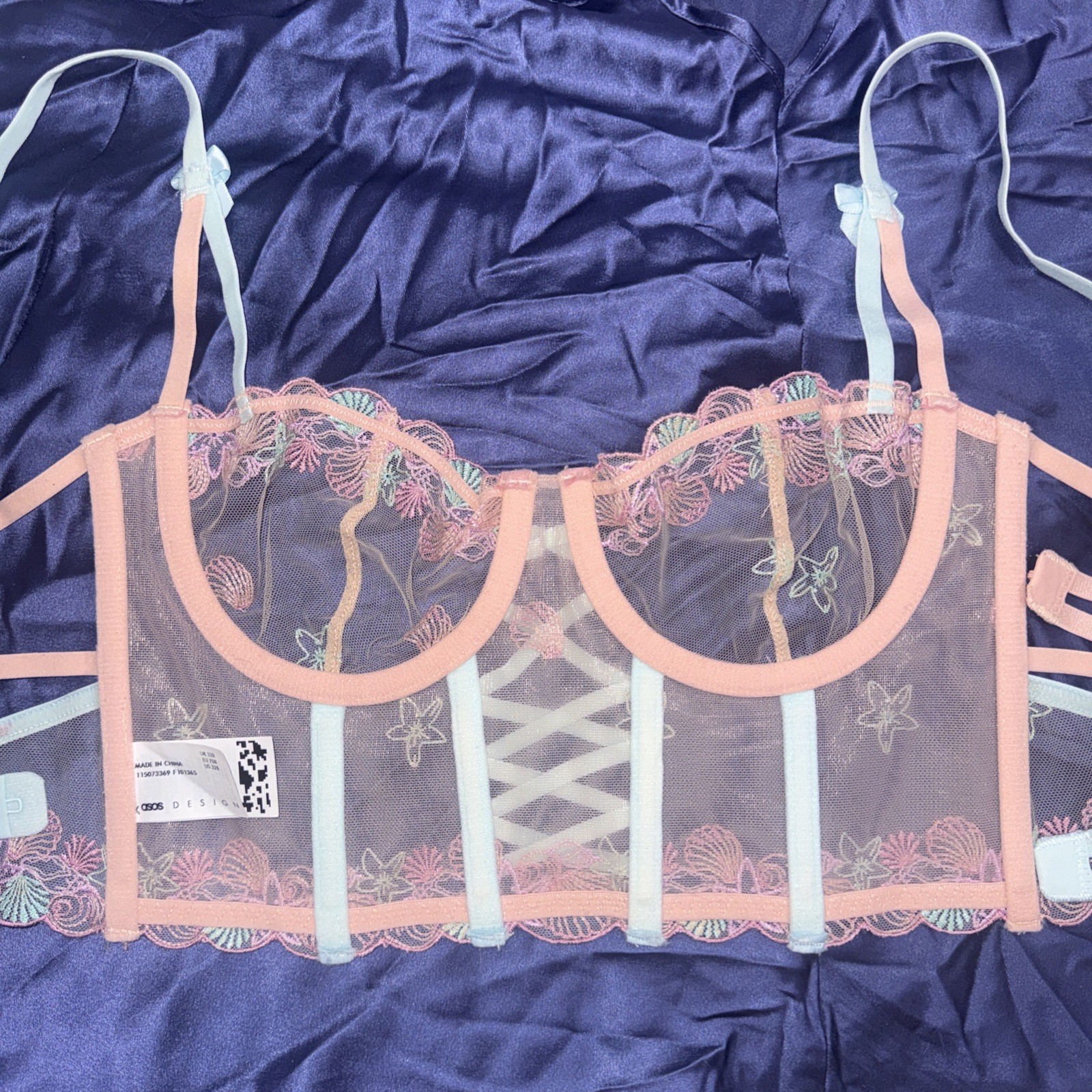 ASOS Design Fairy Beach Corset Mermaid Shells Embroidered Sheer Top Bra Size 32B