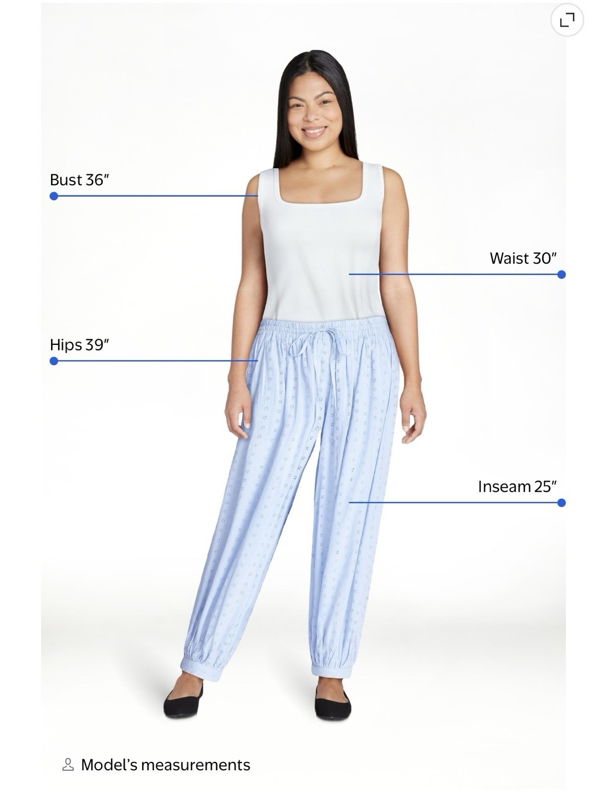 Scoop Women’s Blue Eyelet Floral Harem Pants Drawstring Pockets 25″ Inseam