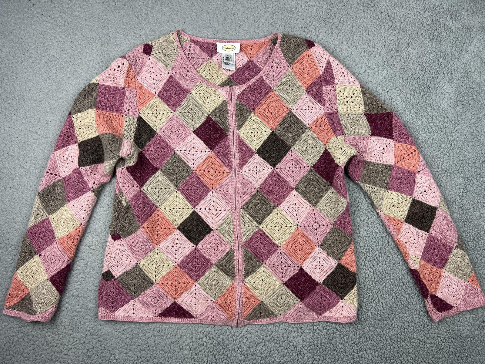 Talbots Cardigan Sweater Womens L/XL Pink Argyle Crochet Knit Zip Cottagecore