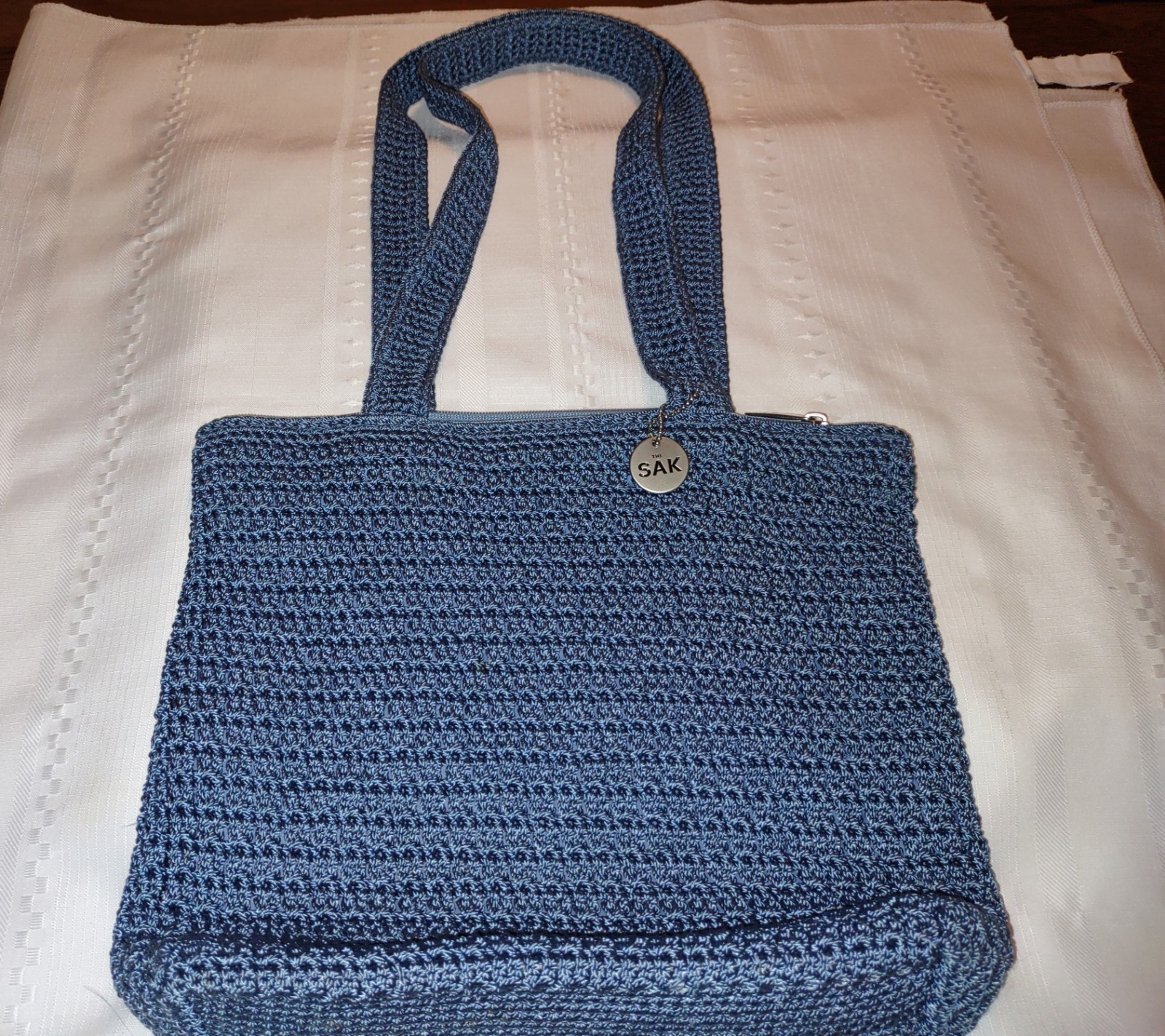 The Sak Crochet Knit Purse Sky Blue Large Bag 11 by 11 inches Double Handles