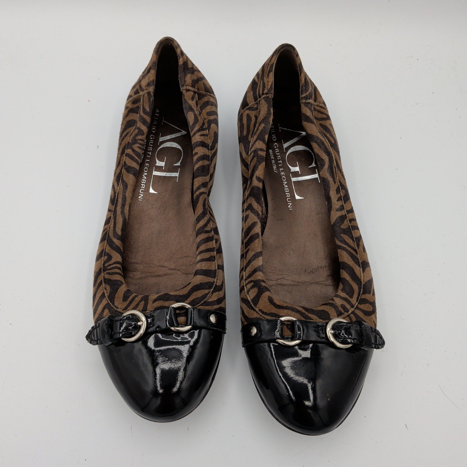 AGL Monica Ballet Flats Zebra Print Cap Toe Ballet Flats Brown Black 38 Womens 8