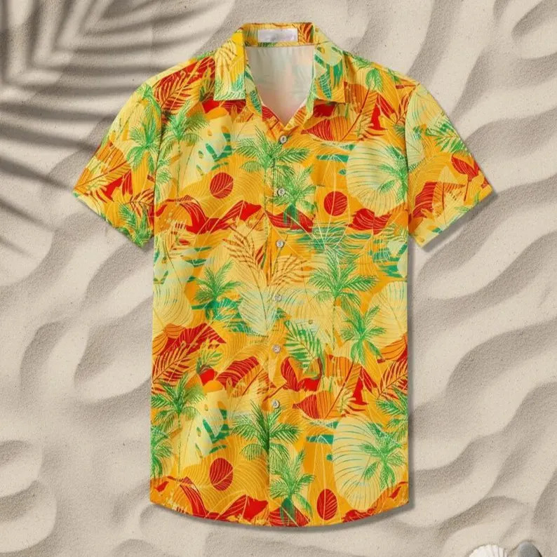 Hawaiian Shirt Men Yellow Leaf Print Aloha Beach Tropical Summer Vacation Party