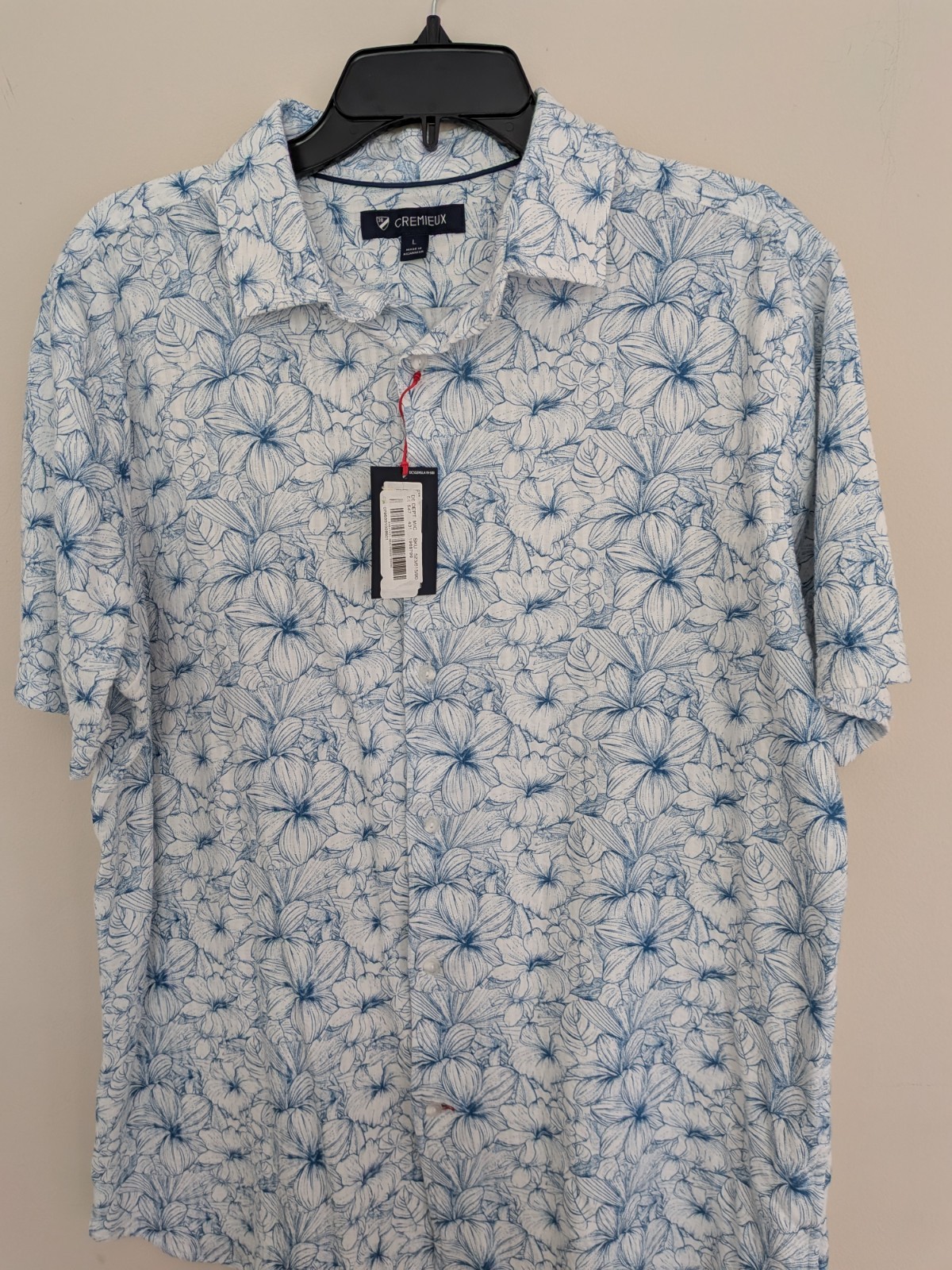 Cremieux Men’s L Tropical Floral Button Front Shirt White Blue Short Sleeve