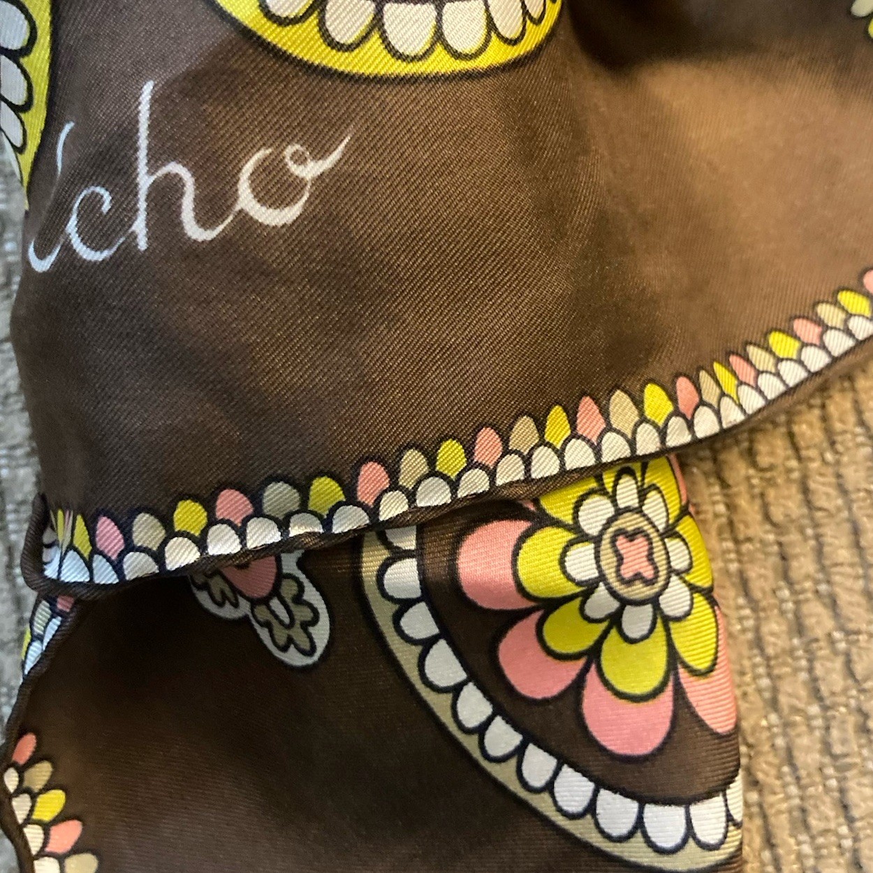 VTG ECHO Silk Scarf Flower & Bird Design Retro Brown/Yellow/Pink 27” Sq