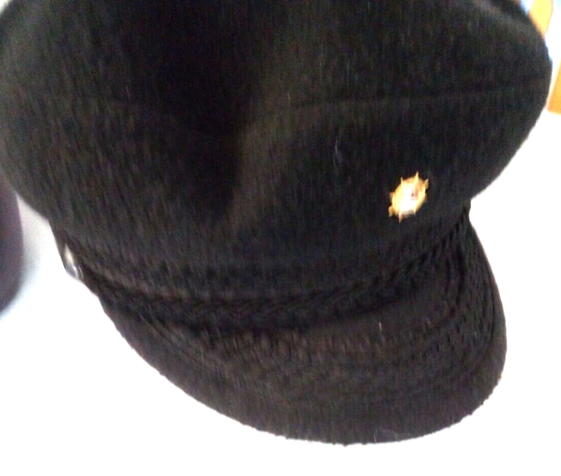 Greek FISHERMAN’S CAP BLACK Wool LARGE Braid Trim Button Lined w pin Free Ship