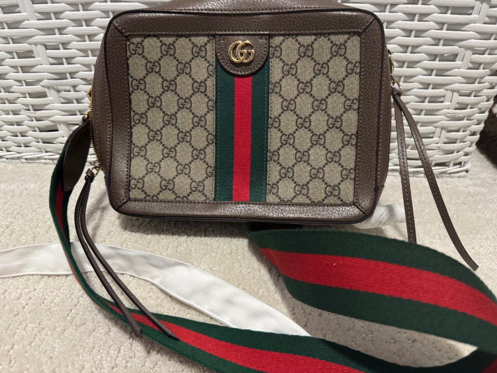 Gucci Ophidia GG Supreme Canvas Crossbody Bag Brown Web Stripe