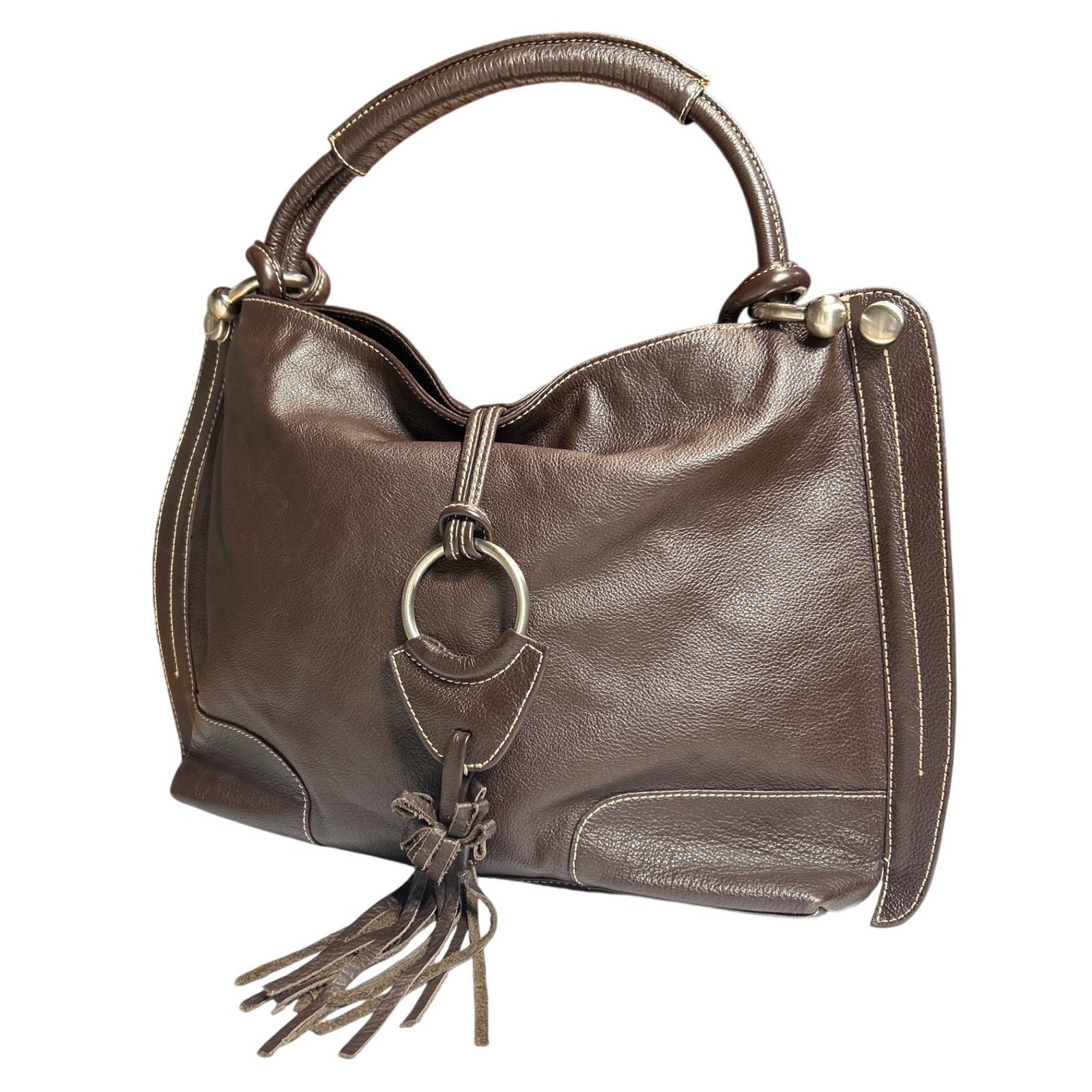 VTG Celsius Brown Genuine Leather Hobo Shoulder Bag Tassel Leopard Print Lining