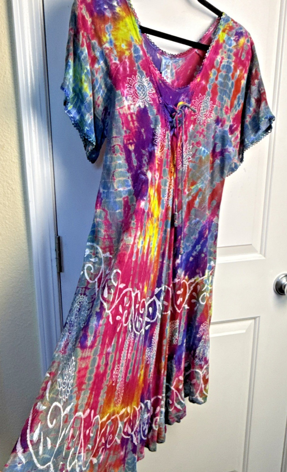 India Boutique Womens Dress Boho Flowy Coverup OS Tie‑Dye Paint Floral Lace Trim