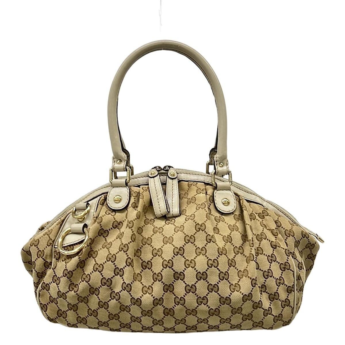 GUCCI GG Pattern Jacquard Leather Handbag Beige Brown Ivory Auth