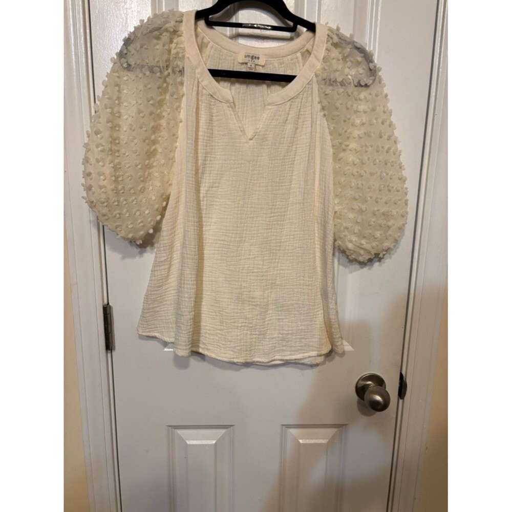 Umgee Cream Textured Puff-Sleeve Blouse Boho Chic Gauze Size Small