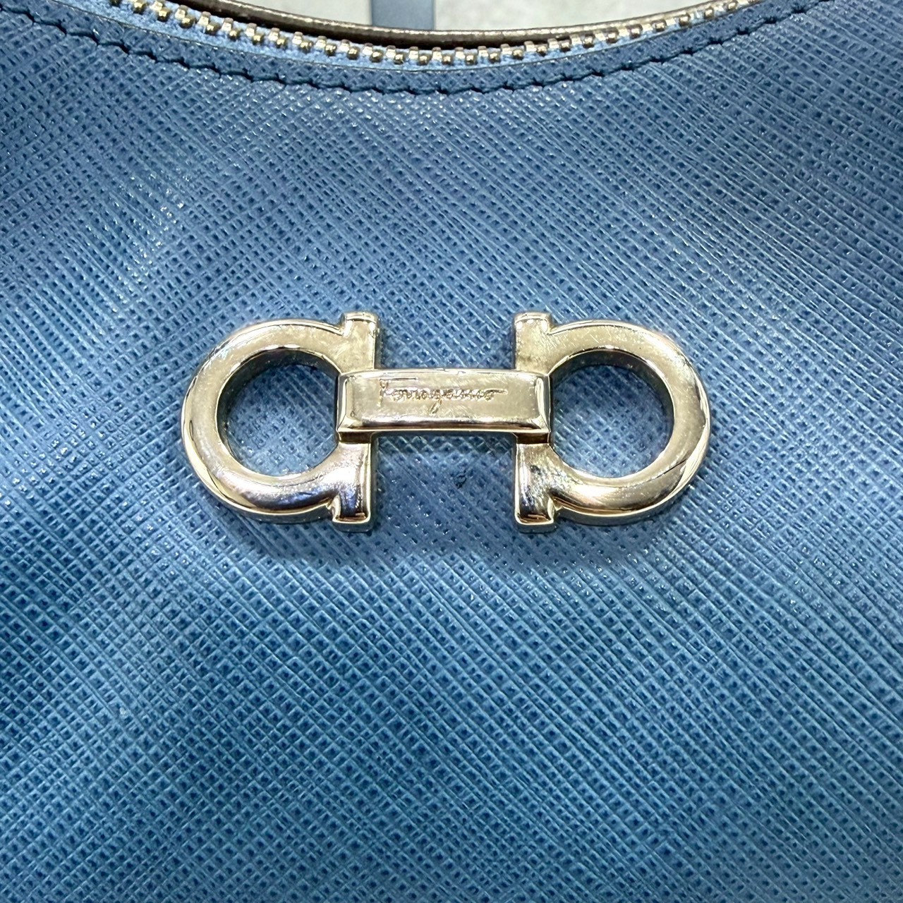 Salvatore Ferragamo Blue Saffiano Leather Hobo Shoulder Bag Gancini Italy Women
