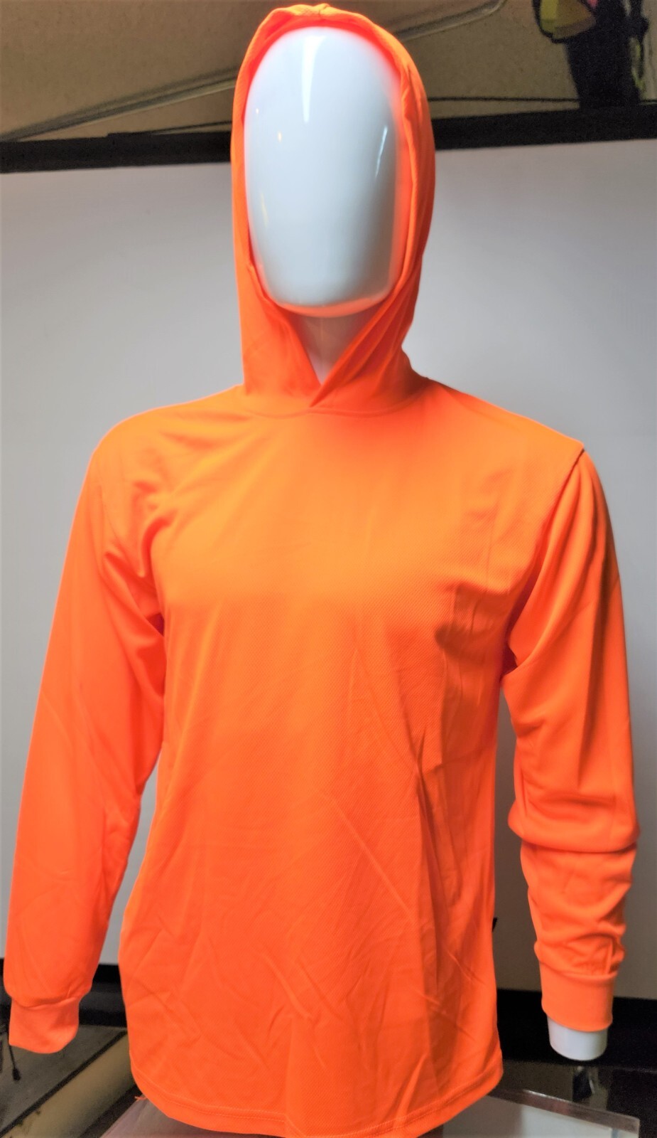 Safety Orange Long Sleeve Shirt With Hoodie, Polyester birdeye mesh fabric