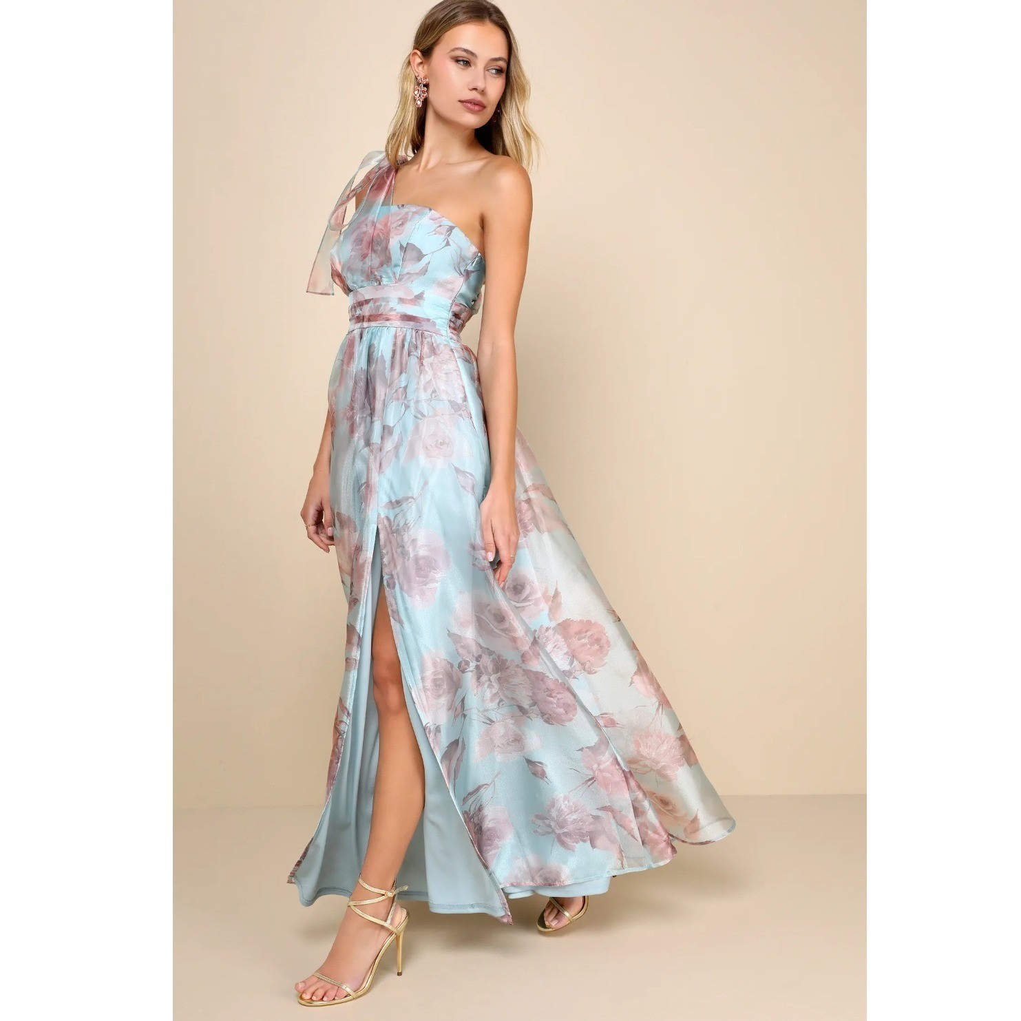Lulus Dramatically Lovely Light Blue Floral Organza One Shoulder Maxi Dress 1X