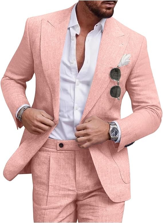 Linen Men’s Suit Set Casual Tuxedo 2 Piece Regular Fit Blazer One Button Jacket