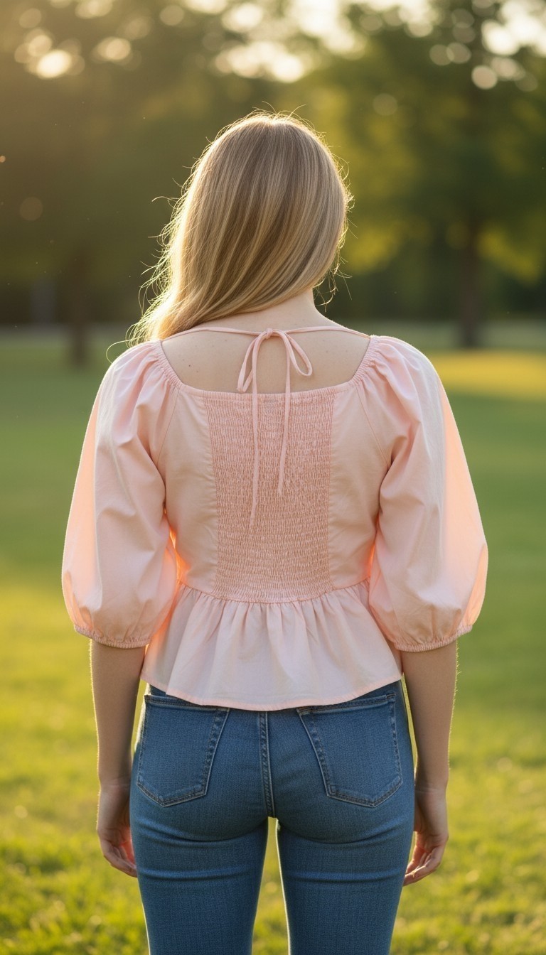 DAZY Women’s XL Pink Solid Square Neck Puff Sleeve Smocked Peplum Blouse