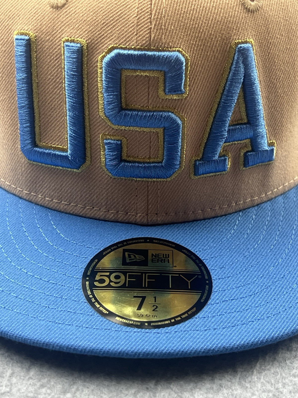New Era USA 59FIFTY Fitted Hat Size 7 1/2 Khaki/Blue/Gold Hat New