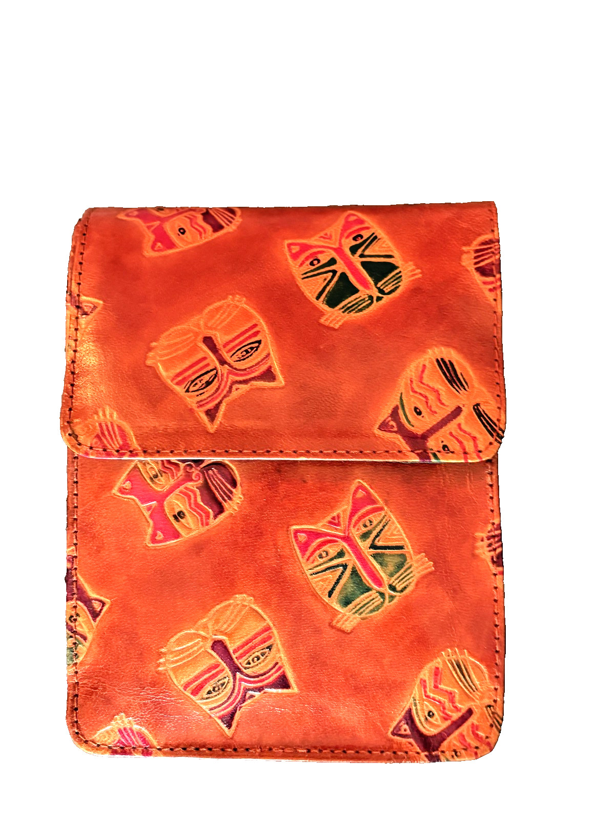 Laurel Burch Brown CAT Design Crossbody Tooled Leather Purse 8×5 inches